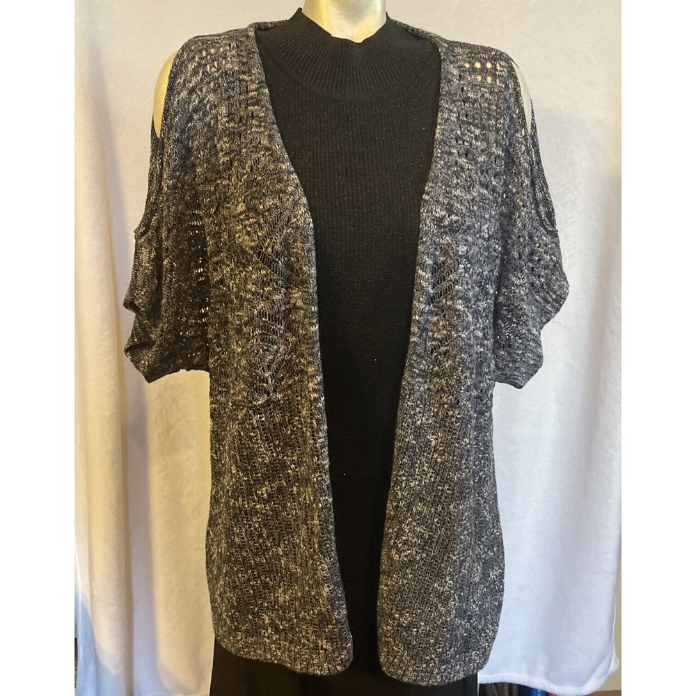 Womens 1X CJ Banks Open Weave Sweater Open Shoulder Navy Short Sleeve